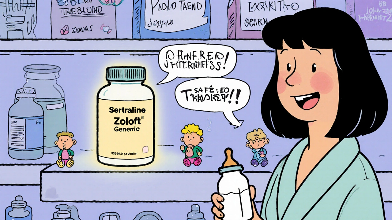 A glowing sertraline bottle shines on a pharmacy shelf while baby icons safely drink from a breast milk bottle in cartoon style.