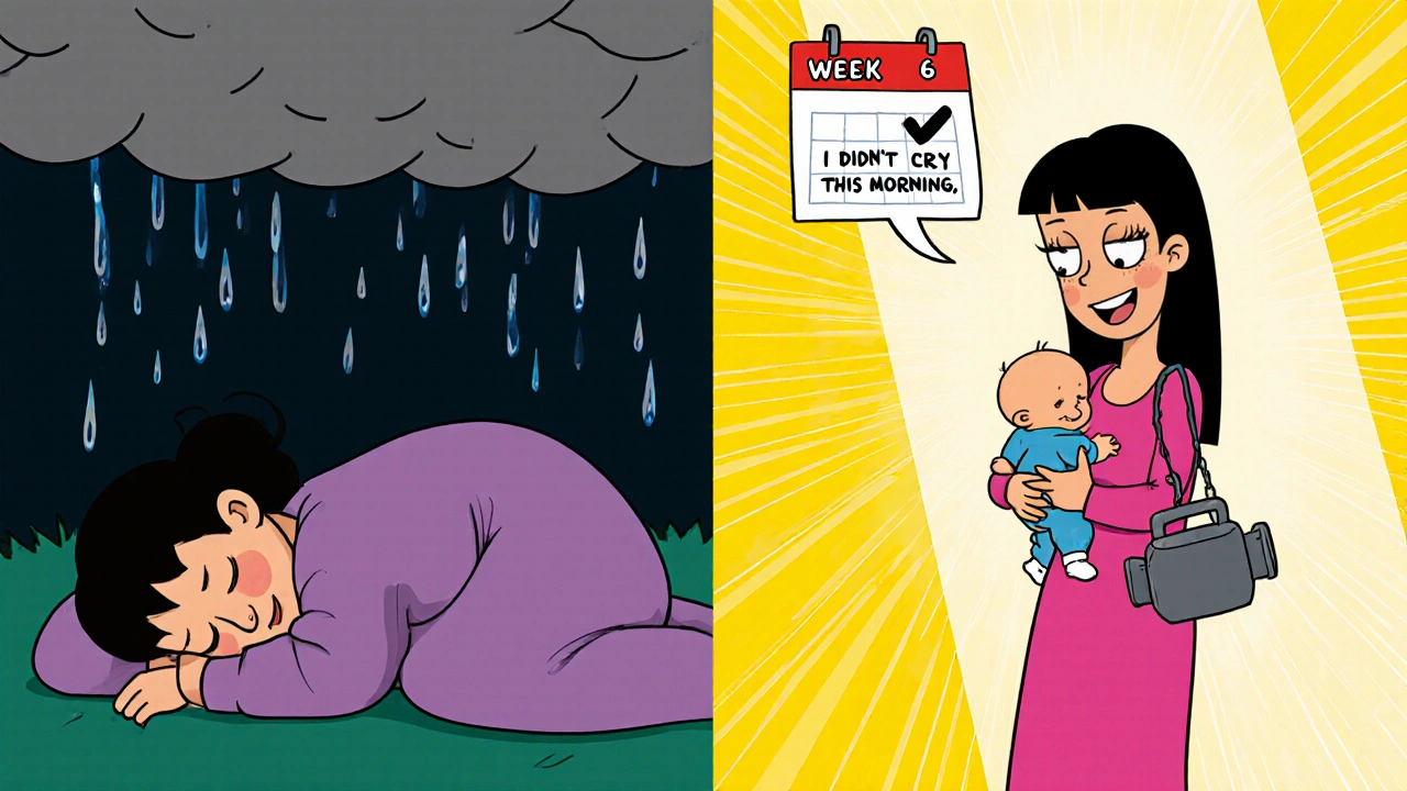 A mom transitions from dark despair to bright hope, with a floating anvil lifting off her shoulders in a Hanna-Barbera illustration.