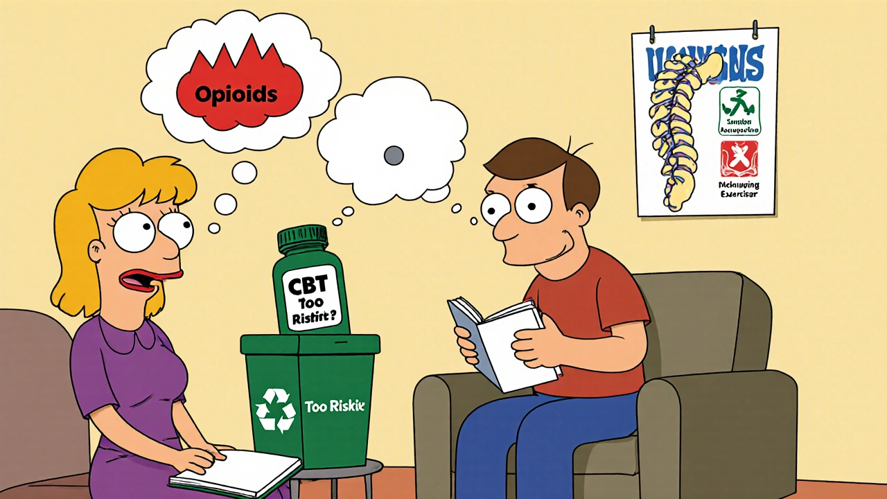 A patient and therapist together as pain transforms from a dark cloud to a small dot, with opioids being discarded.