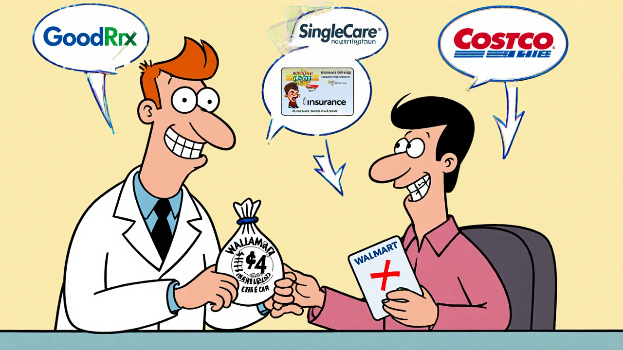 A pharmacist gives a customer a cheap generic pill bag while ignoring their expensive insurance card.