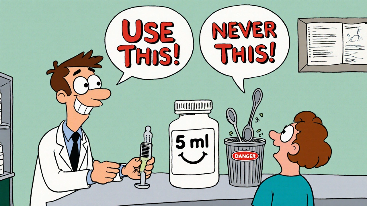 A pharmacist giving a patient a dosing syringe instead of a spoon, with a warning label in cartoon style.