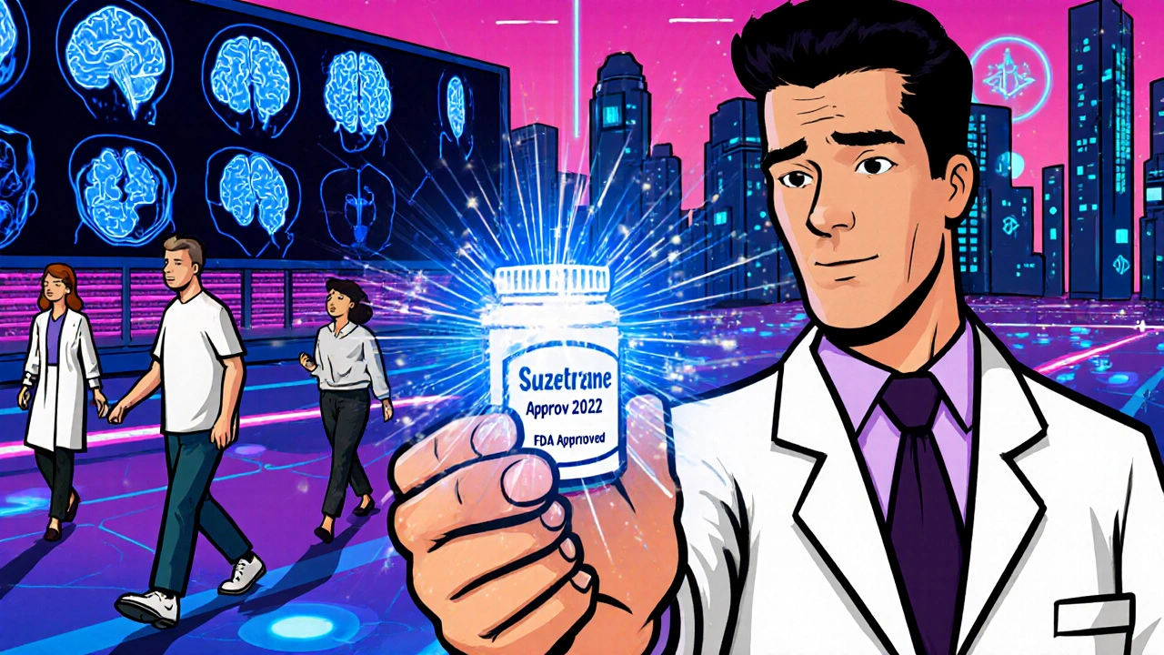 A scientist holds a new non-opioid pill while holograms show brain scans and patients moving freely in a colorful city.