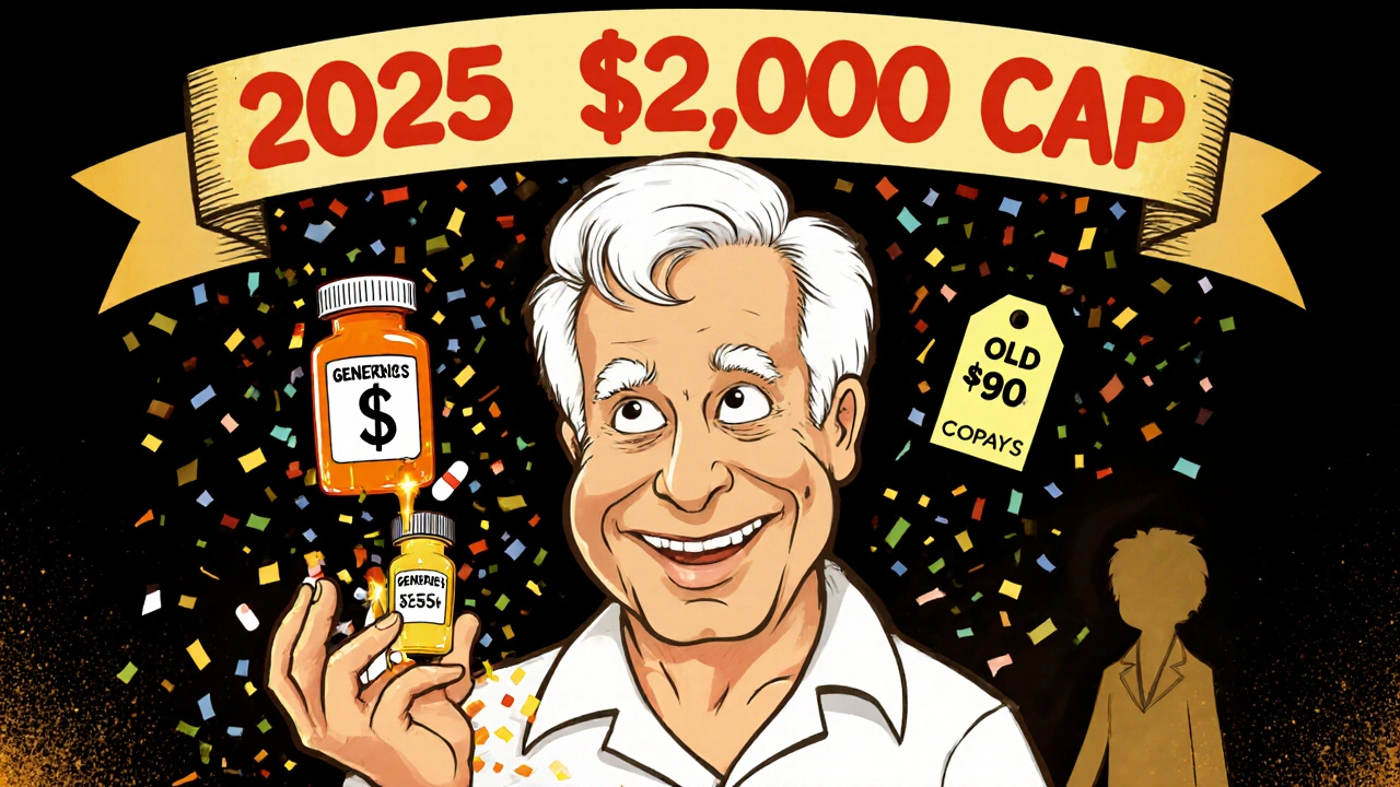 A senior smiles as a .90 pill price tag glows above them, with old high copays fading away.