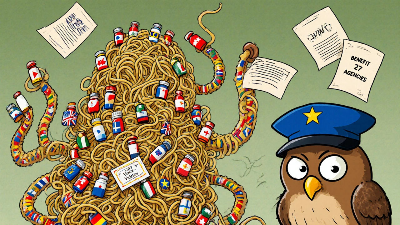 A tangled spaghetti monster of EU flags pulls a warning sign from a drug bottle with an owl watching.