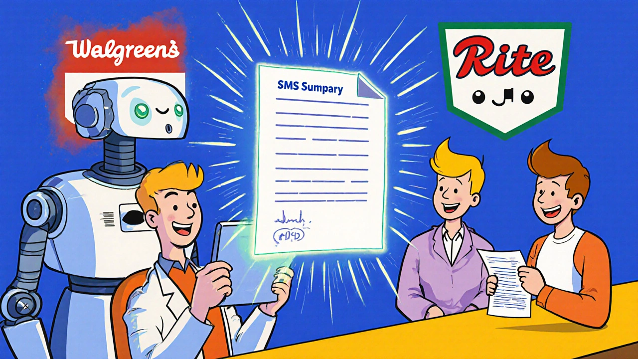 AI robot projecting SMS summary at pharmacy counter while customer receives printed note