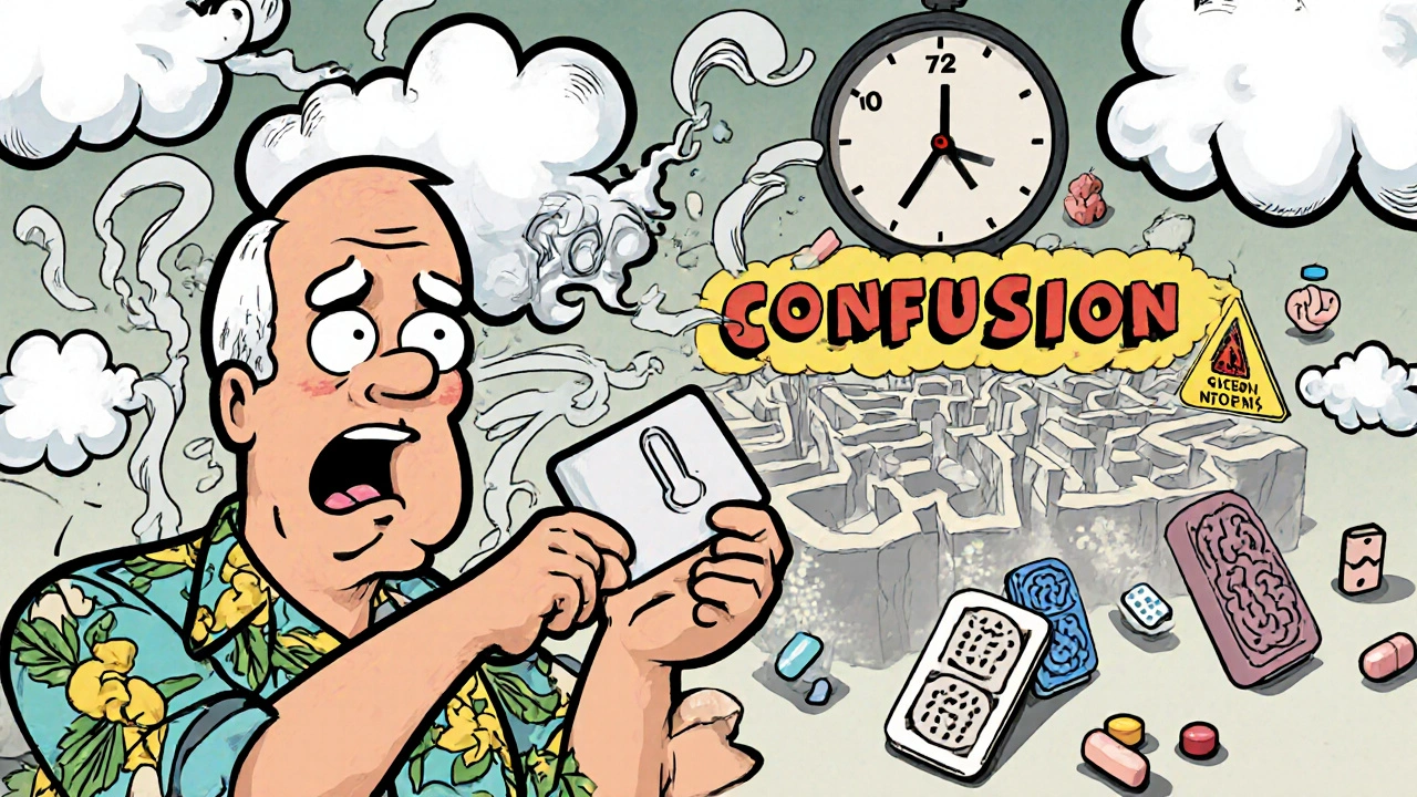 An elderly man removing a scopolamine patch as brain fog and sedative pills spill out, looking confused.