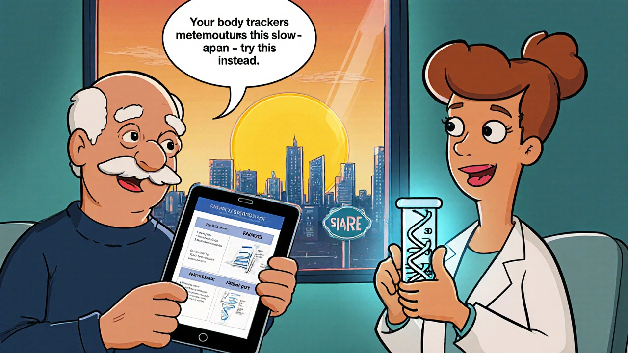 An older adult and young patient using digital tools to explore personalized medication choices with genetic insights.