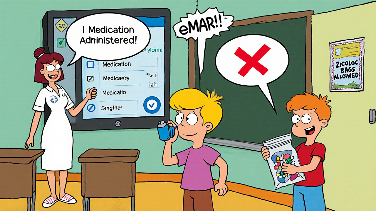 Child uses inhaler safely under nurse&#039;s watchful eye, Ziploc bag with X over it.