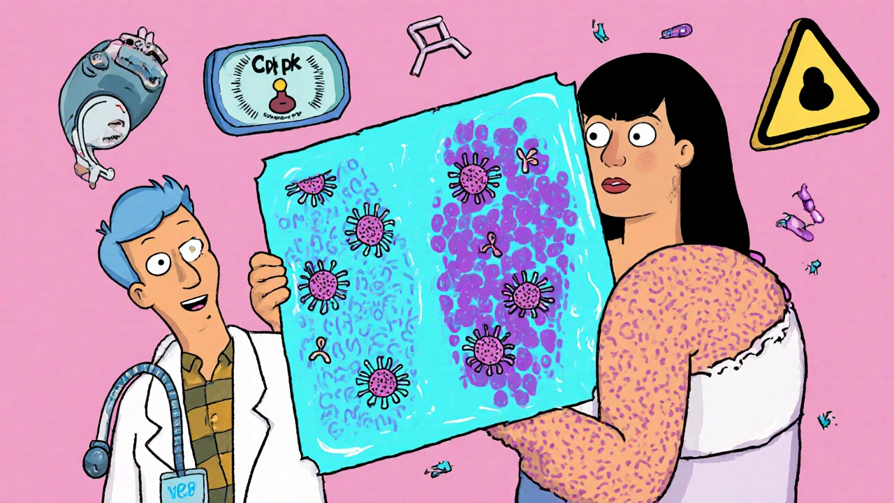 Doctor holding biopsy slide showing immune cells attacking muscles and blood vessels