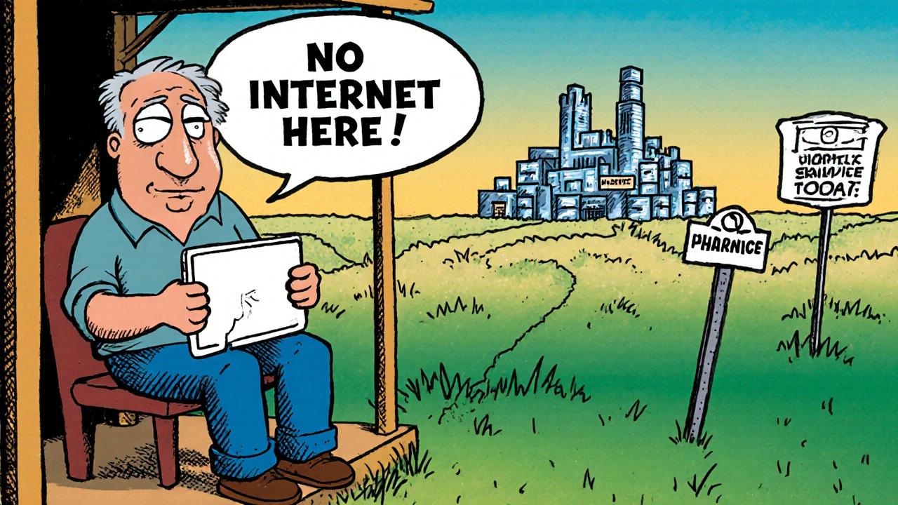 Elderly man on porch with broken tablet, no internet, distant digital pharmacy in background.