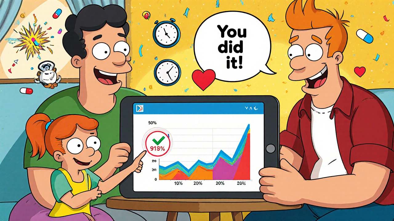 Family celebrating improved medication adherence with a rising graph in bright cartoon style.