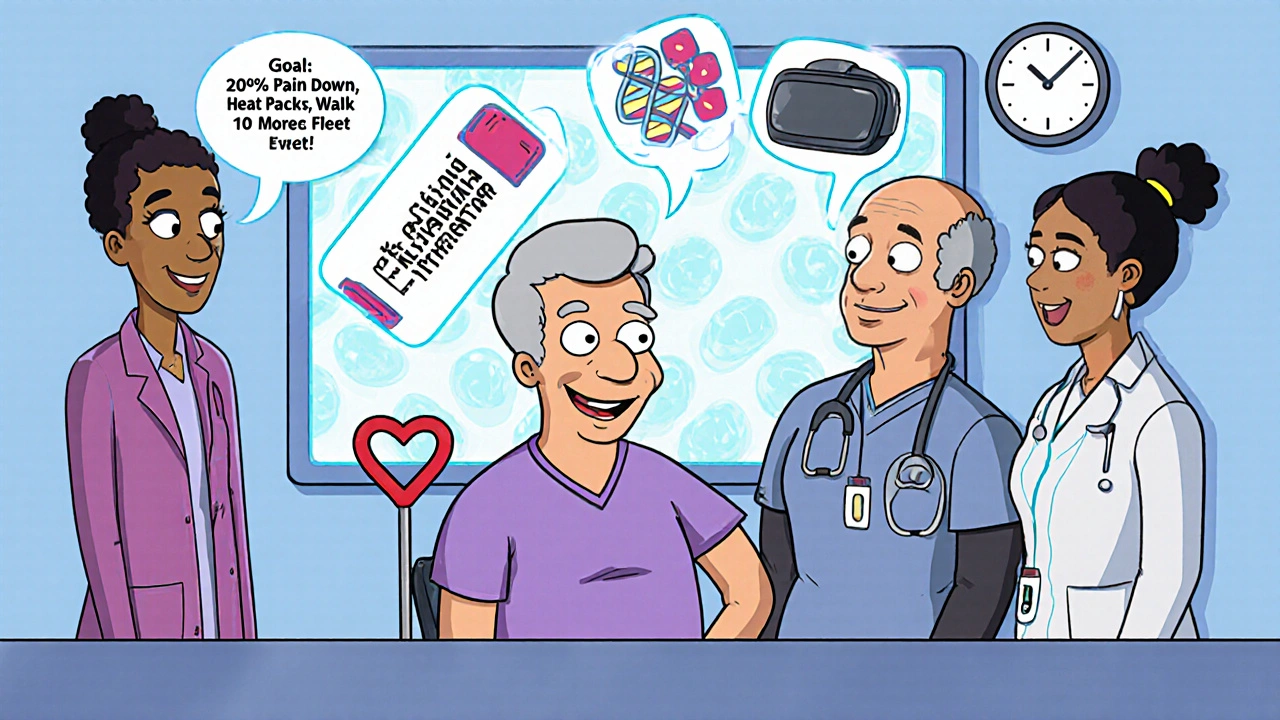 Medical team with senior patient, screen shows saliva test for metabolism, icons of therapy and VR floating nearby.