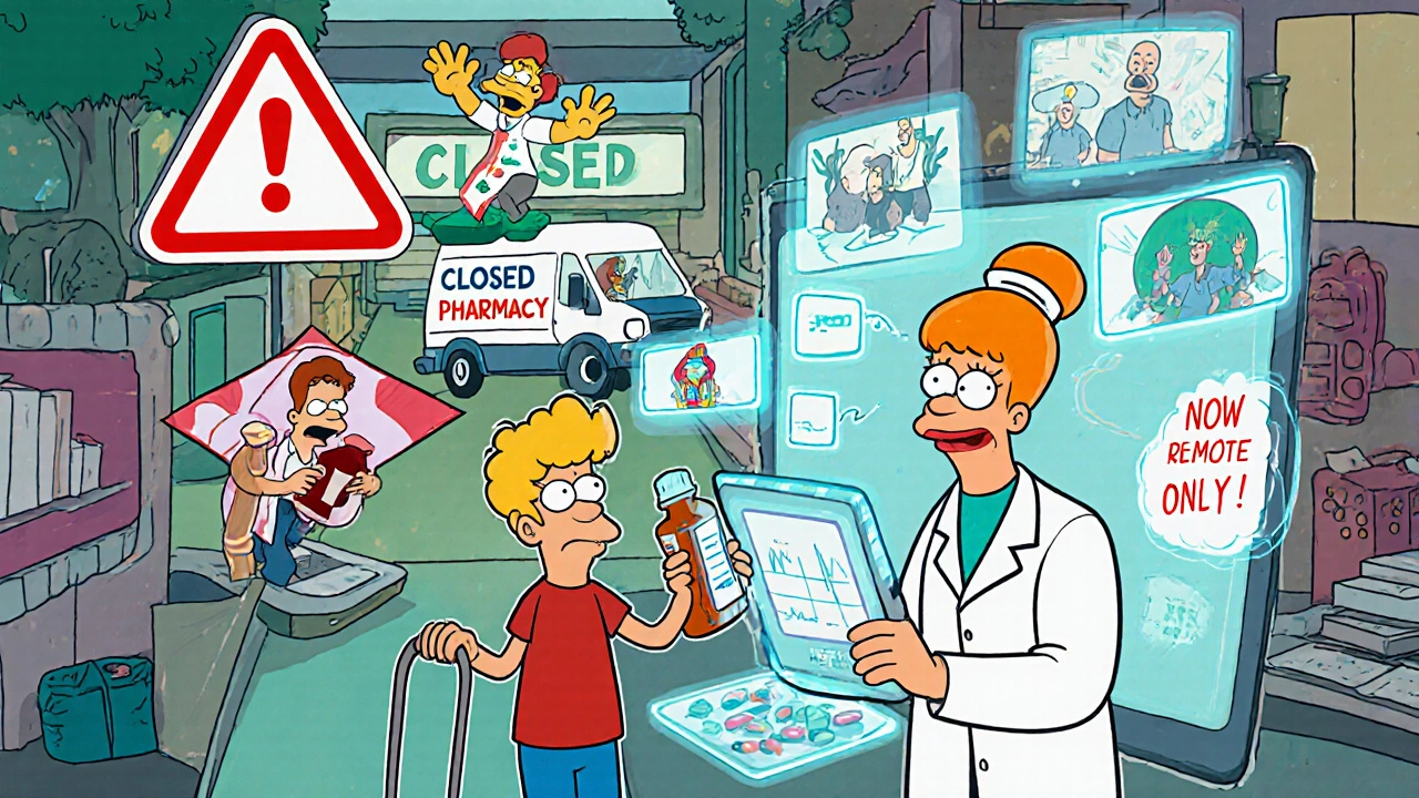 Nurse monitors remote patients on holograms while confused patient holds double dose pills.