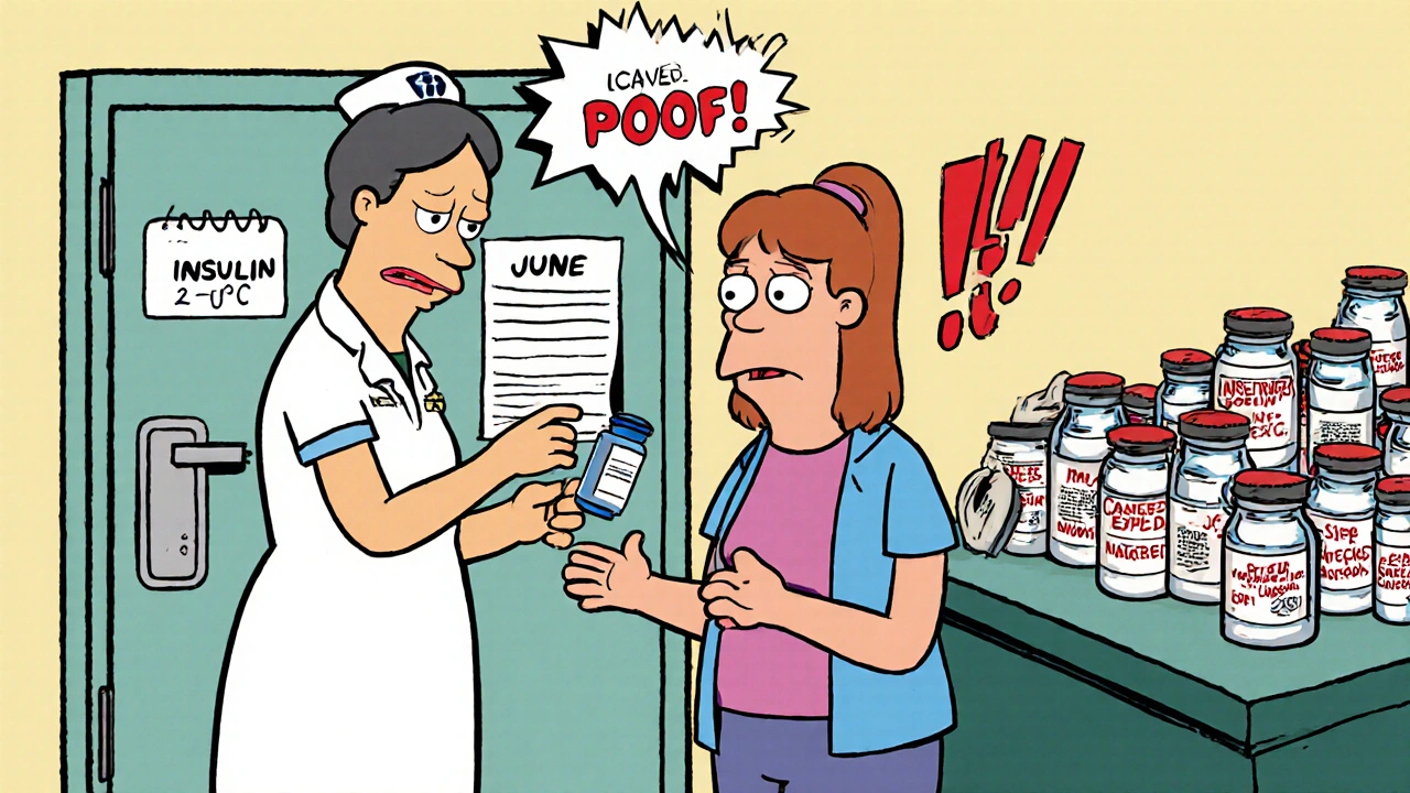 Parent and nurse retrieve insulin from locked fridge as calendar flips to August 31.