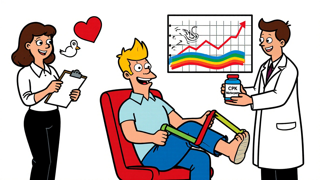 Patient doing gentle therapy with supportive medical team and falling CPK levels