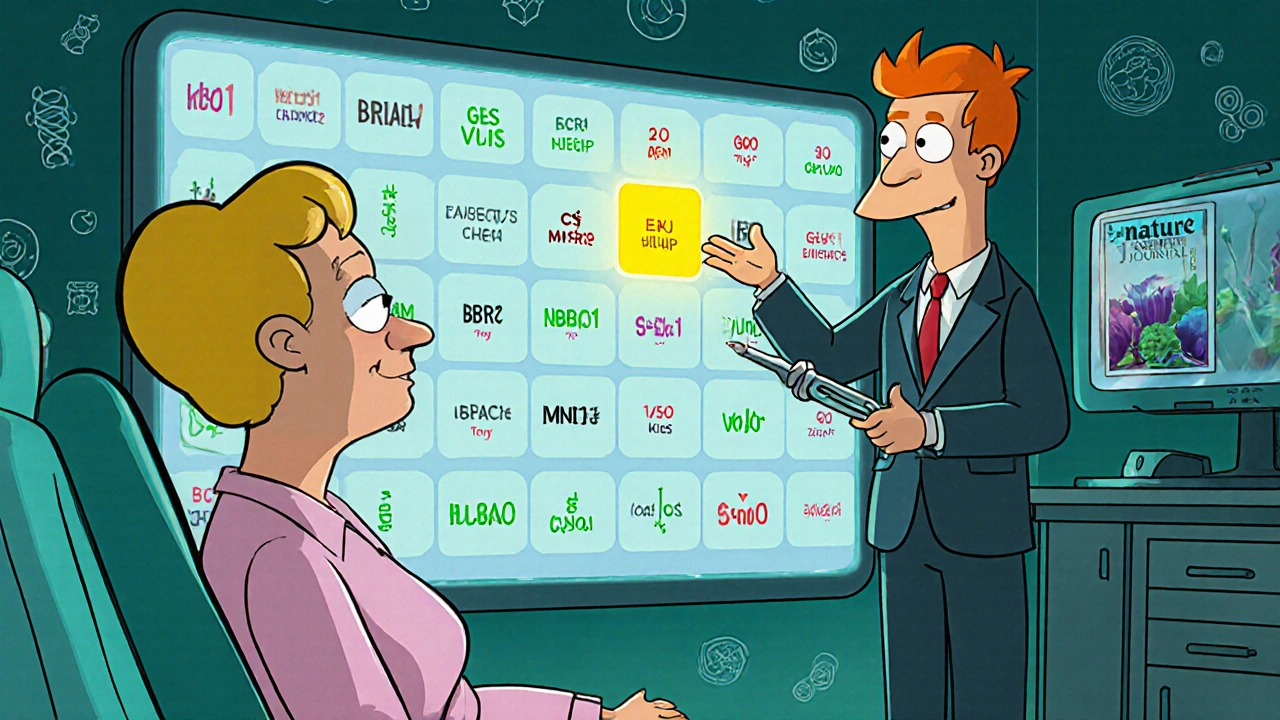 Patient viewing multigene test results on screen with CRISPR fixing a VUS gene