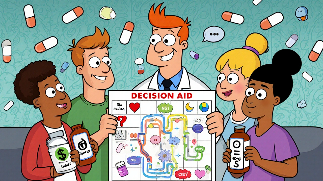 Patients in a clinic holding pill bottles with lifestyle icons, guided by a pharmacist with a decision board game chart.