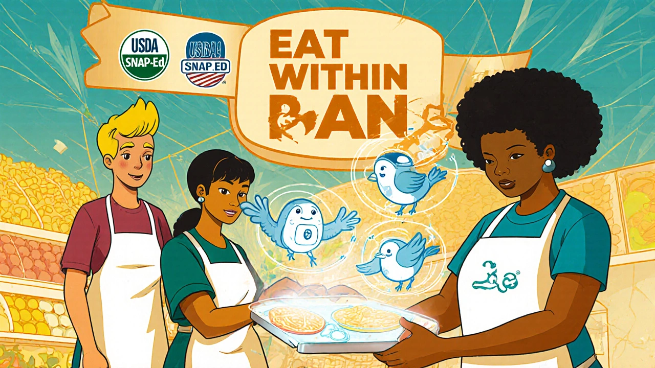 People using a holographic AI app to follow DASH 2.0 diet with floating meal plans and robot bird helpers in retro-futuristic style.