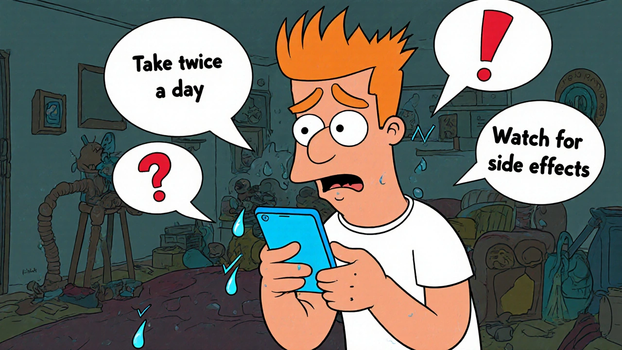 Person confused at home, floating vague medication instructions above head with question marks