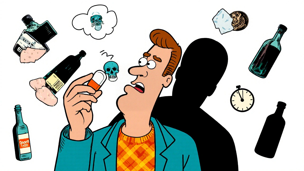 Person swallowing a pill that turns into a fentanyl skull with dangerous substances around