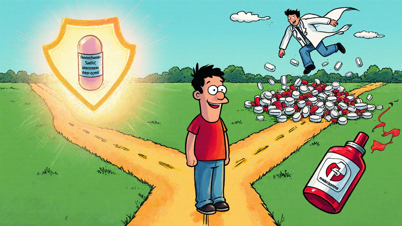 Recovery crossroads with safe buprenorphine path vs. dangerous opioid pile