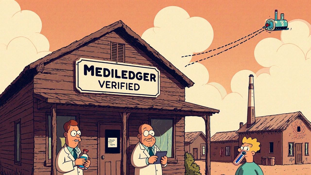 Rural pharmacist verifying medicine with a blockchain node sending a digital handshake.