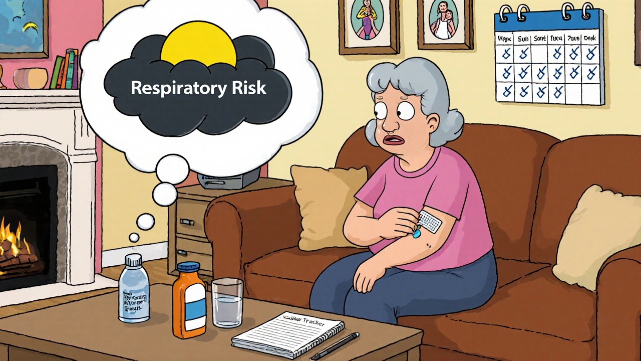 Senior woman applying buprenorphine patch, thought bubble shows protective half-moon shielding her from danger clouds.