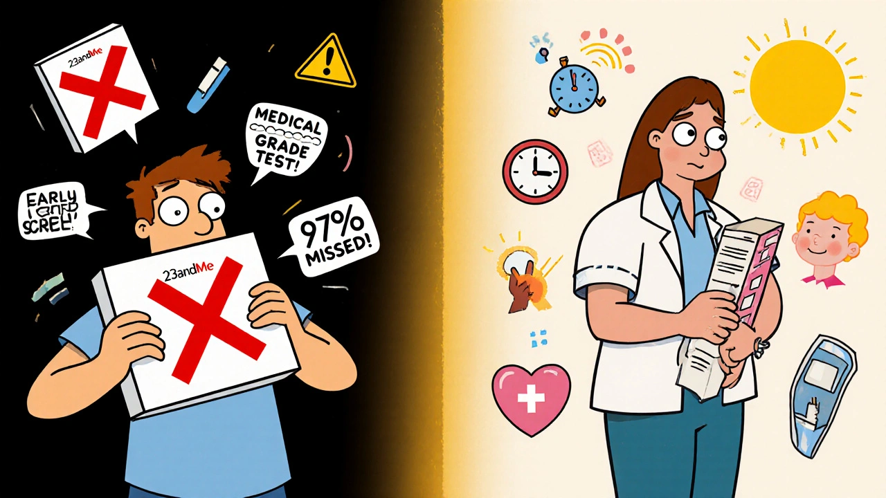 Split panel: left shows misleading 23andMe test, right shows proper medical genetic testing