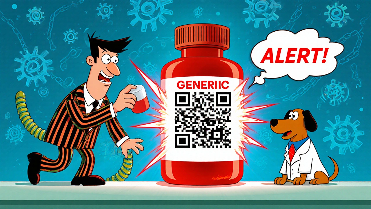 Villain trying to place fake pills as a QR code flashes red with sparks.