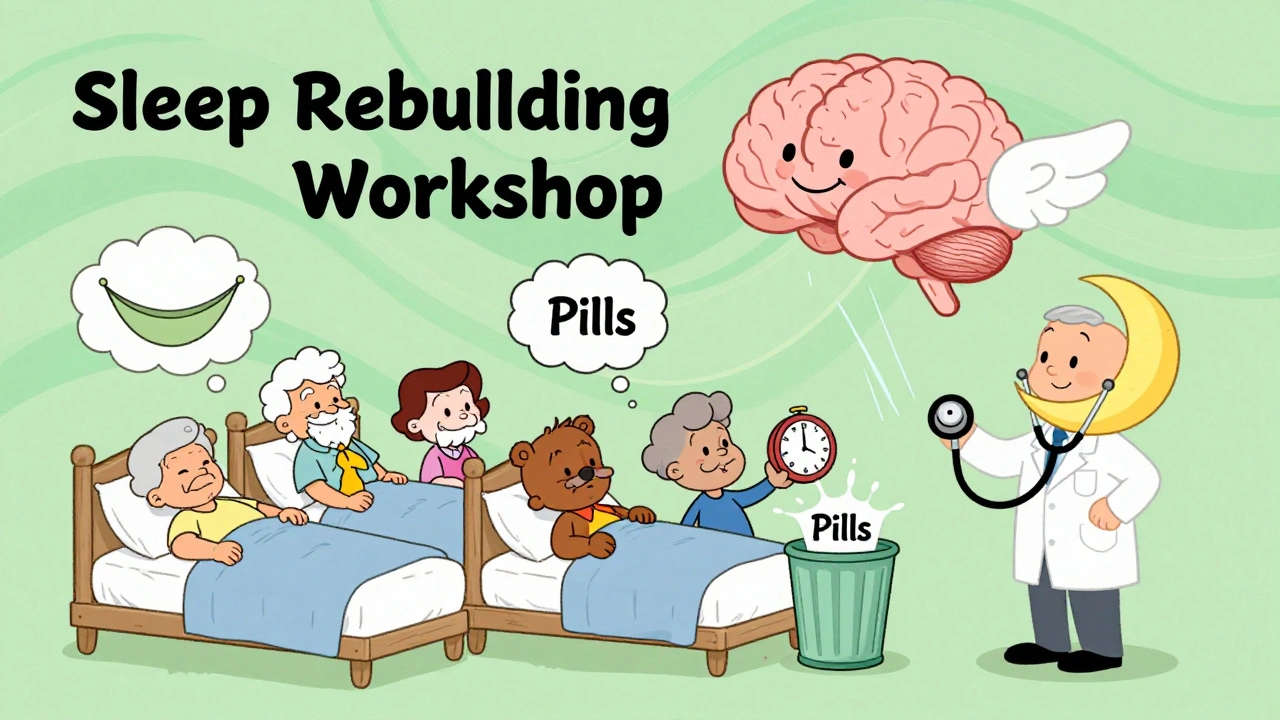 A cartoon sleep workshop where seniors learn to rebuild sleep habits without pills, in Hanna-Barbera style.