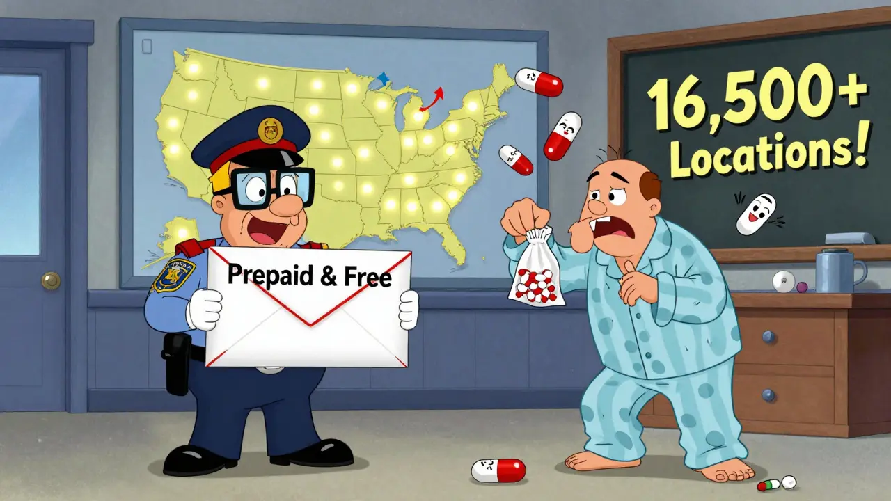 A funny police officer holding a prepaid mail-back envelope while a man drops off pills in a whimsical station setting.