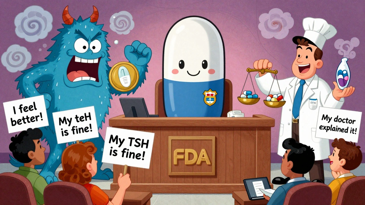 A generic pill on trial defended by FDA and pharmacist against a nocebo monster in a cartoon courtroom.