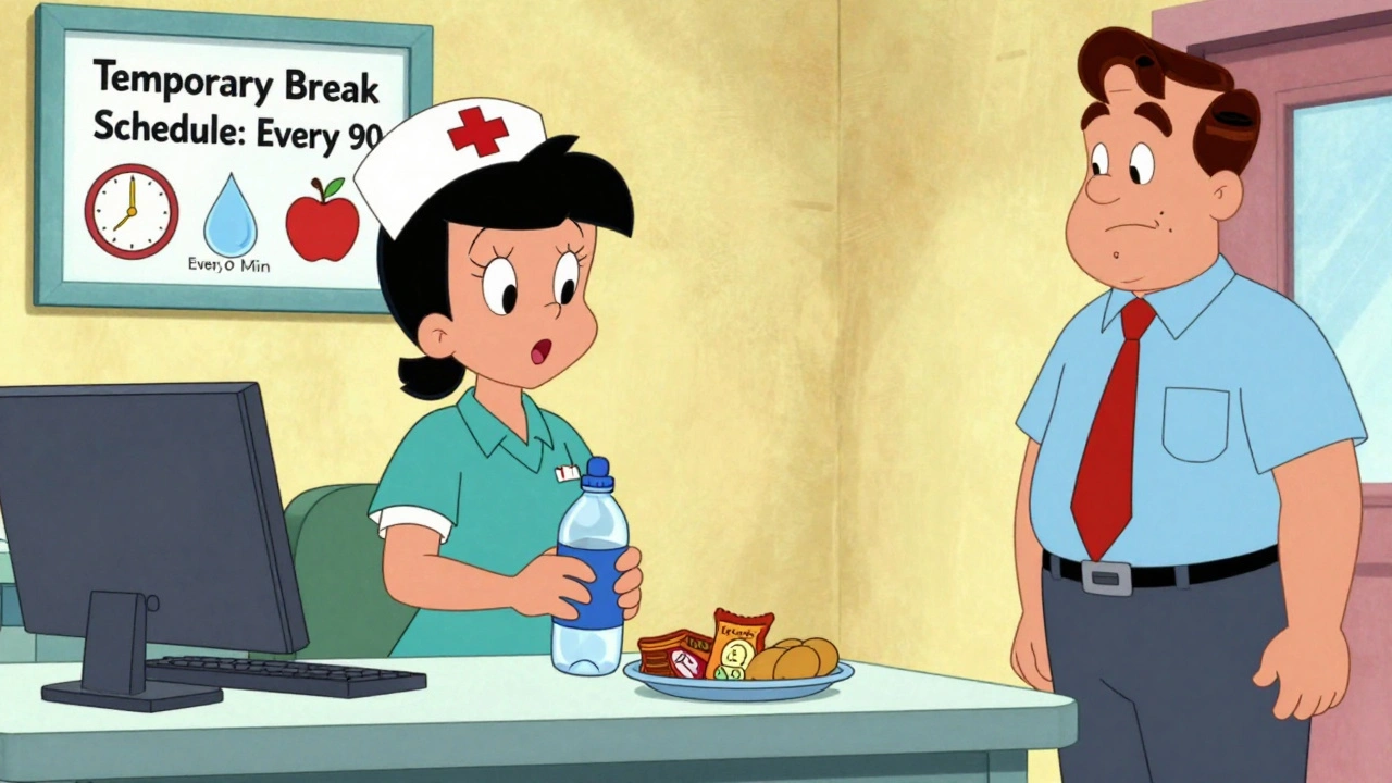 A nurse taking scheduled breaks with water and snacks at her desk, supported by her supervisor.