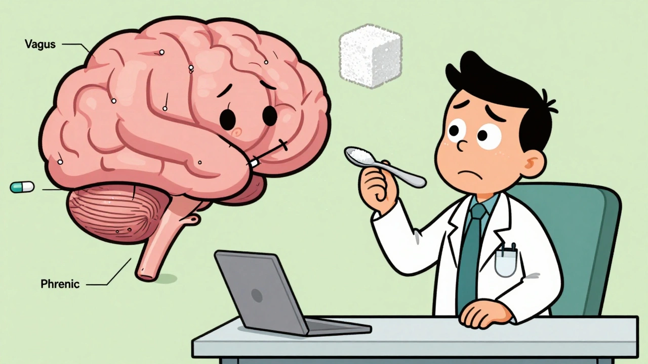 A patient swallowing sugar with a brainstem being tugged by pills, rendered in retro cartoon style with bold outlines.