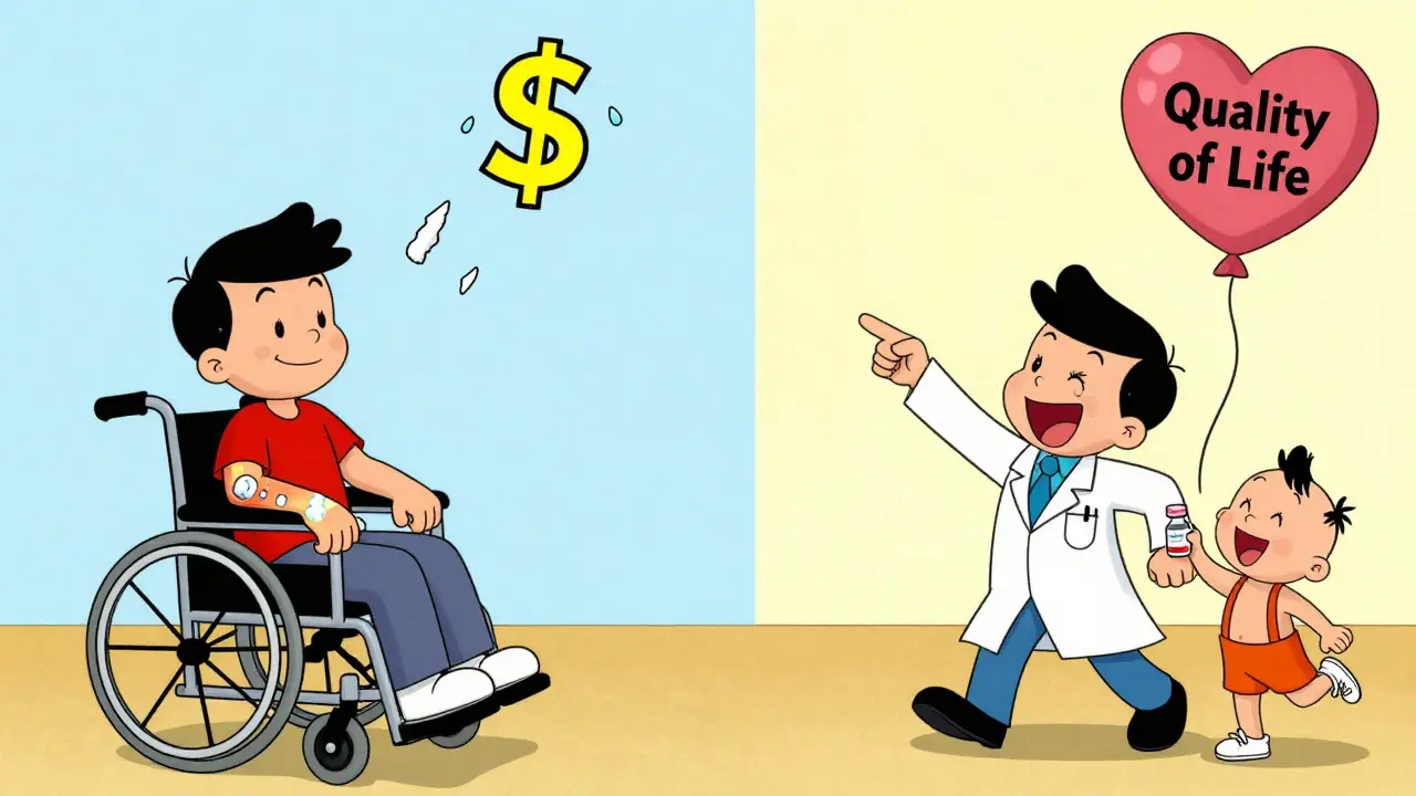 A patient transformed from frail to joyful, holding a treatment vial while playing with their child, contrasted with a falling dollar sign.