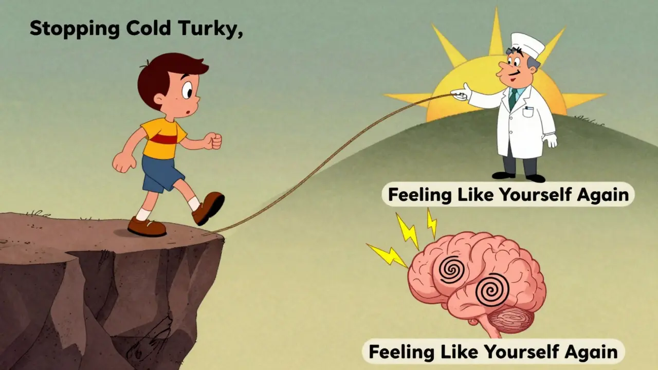 A person stepping off a cliff into withdrawal, rescued by a tapering rope, with a hopeful sunrise.