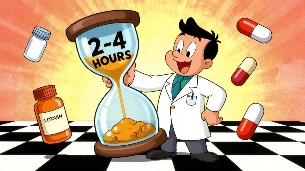 A pharmacist holds an hourglass labeled &#039;2-4 HOURS&#039; as medication and fiber capsules dance around in a retro cartoon scene.