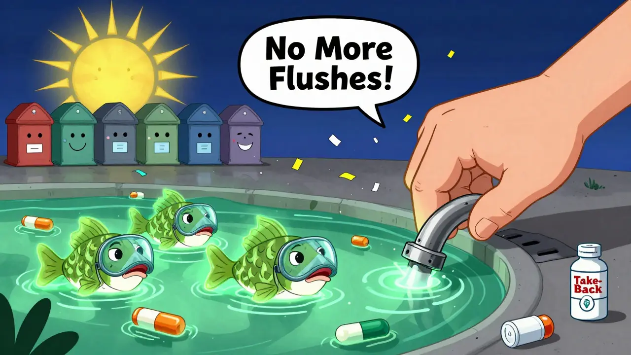 A polluted river with sad fish and floating pills, rescued by a heroic hand placing a 'Take-Back' sticker.