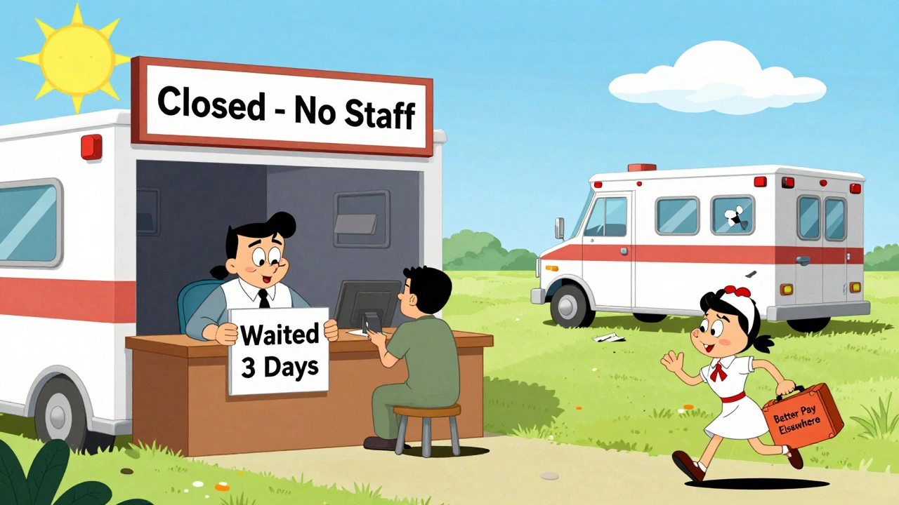 A rural clinic is closed with a sleeping receptionist and a patient waiting outside under a hot sun.