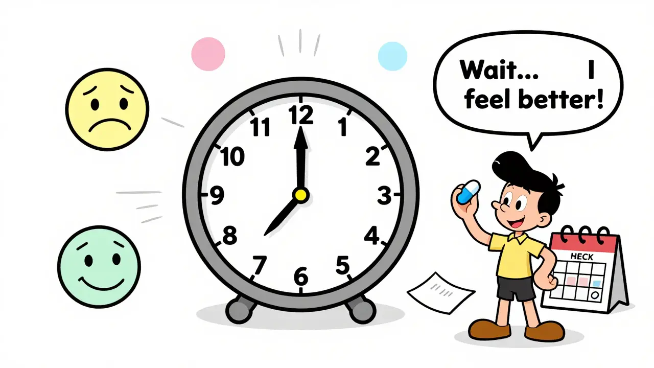 A slow-moving clock and changing facial expressions showing antidepressants taking weeks to work.