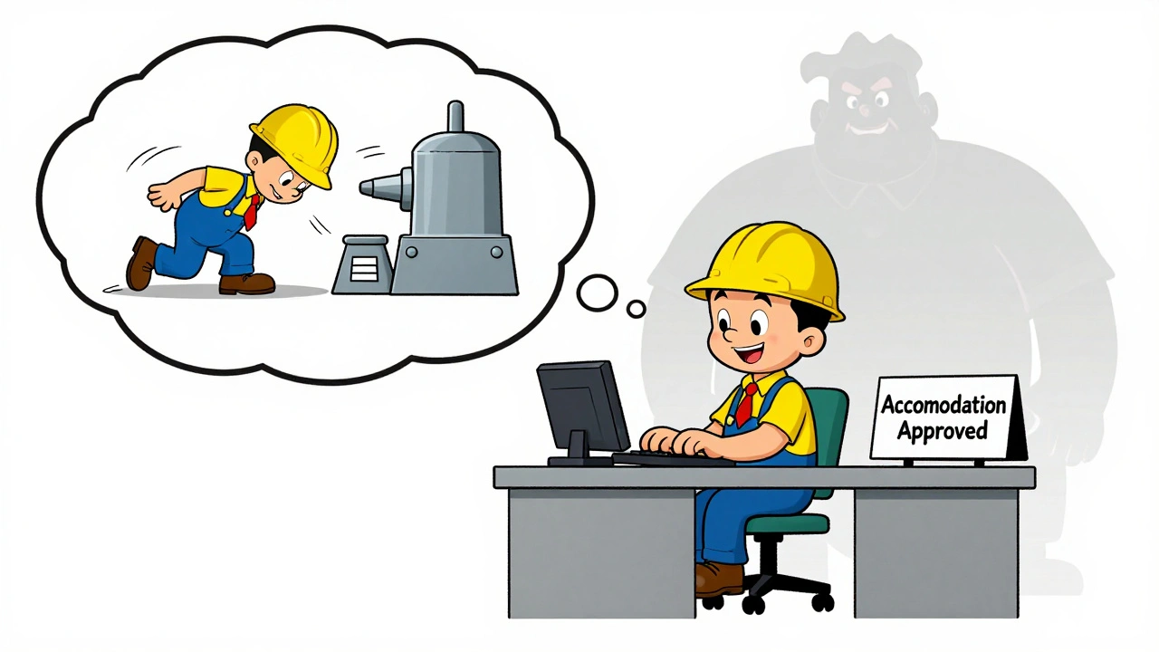 A warehouse worker transitioned to a desk job after medication side effects, shown in a before-and-after cartoon scene.