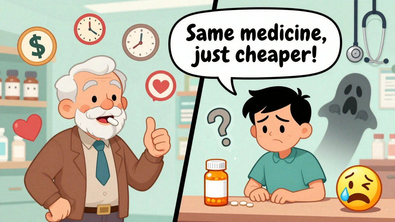 An elderly man happily takes a generic pill while a young adult frowns at one, with a doctor explaining the difference.