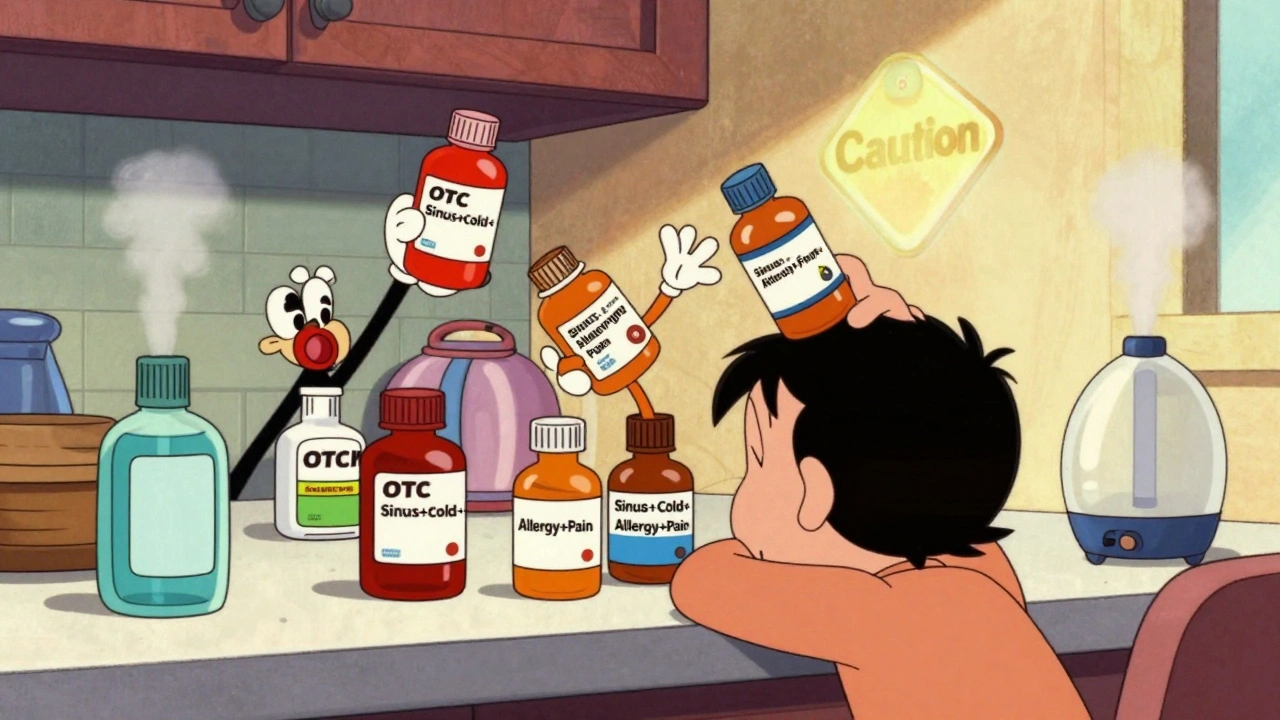 Cluttered medicine counter with bottles pulling on a person&#039;s head, safe alternatives in corner.