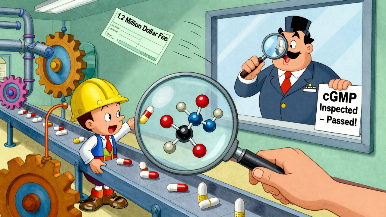 Colorful cartoon factory producing generic pills with FDA inspector checking cGMP standards