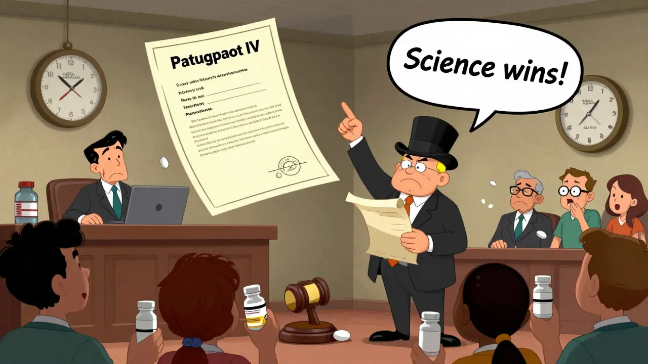 Courtroom scene with generic drug lawyer winning Paragraph IV case and 180-day exclusivity clock
