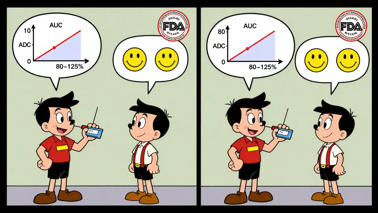 Crossover trial panels showing drug sequences with AUC/Cmax smiley graphs