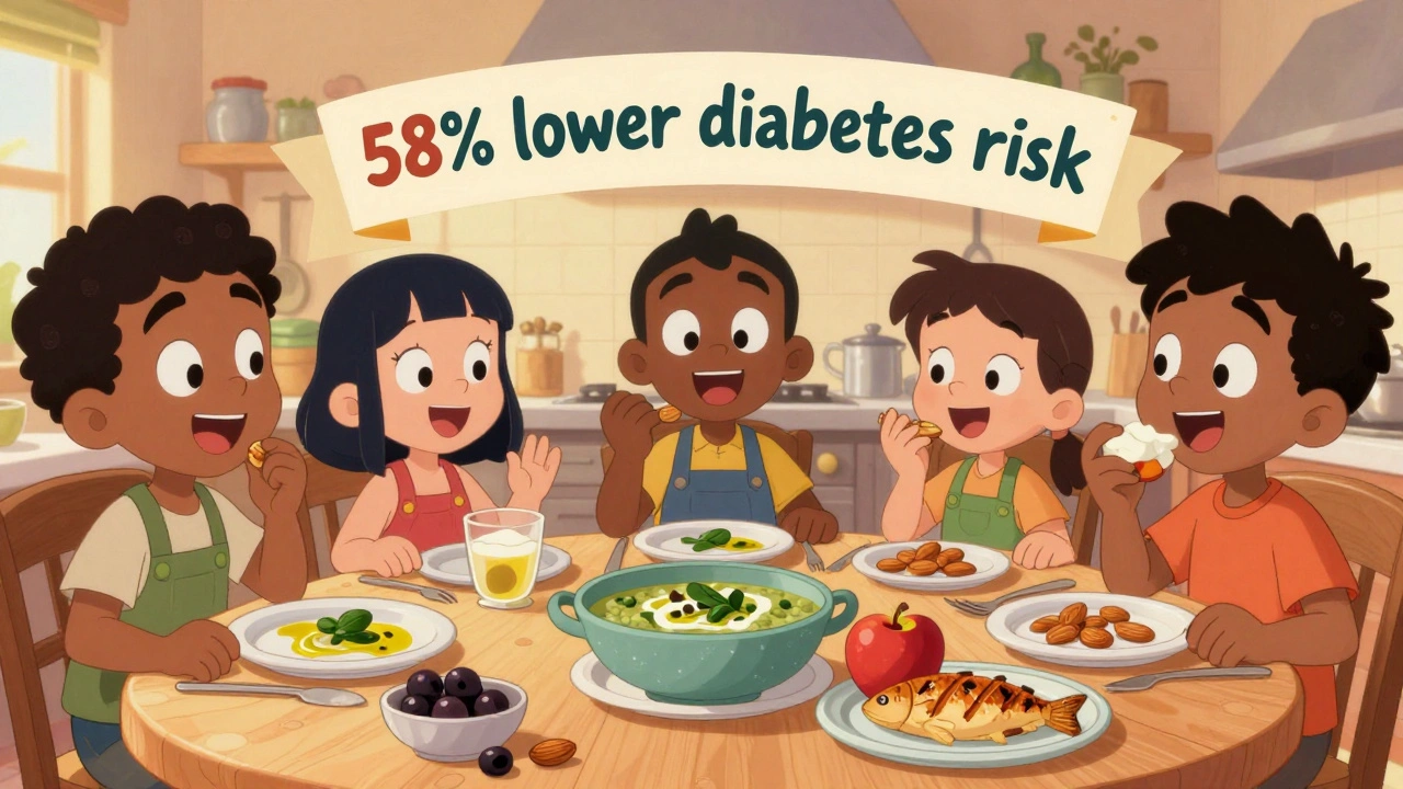 Diverse group enjoying a Mediterranean meal with lentils, fish, and nuts at a cozy table.