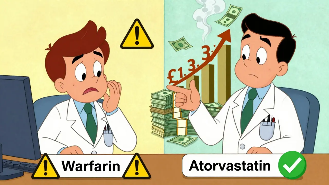 Doctor chooses generic medication over brand-name with warning icons on one side and savings symbols on the other in a split-panel scene.
