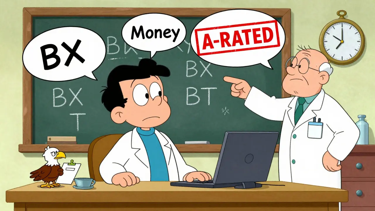 Doctor confused by drug codes while pharmacist points to A-rated stamp in cartoon scene.