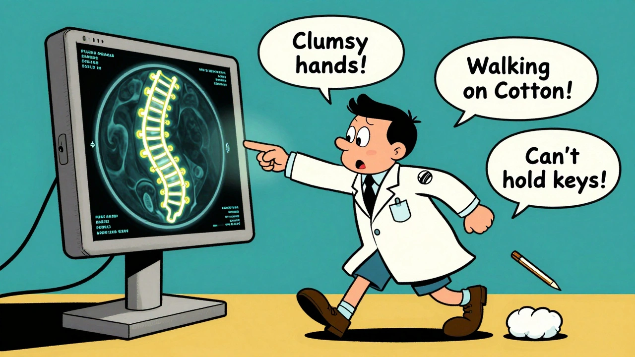 Doctor shows MRI of compressed spinal cord while patient walks unsteadily with cotton-like feet.
